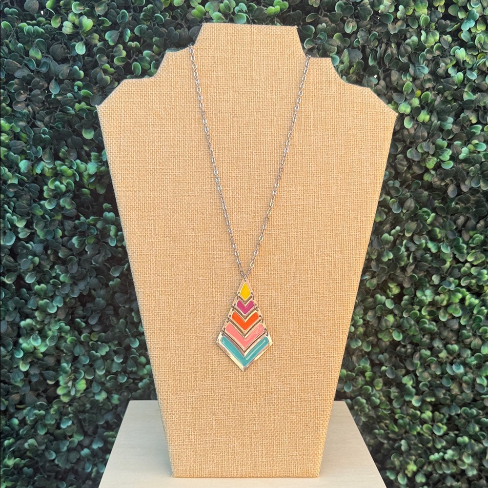 Repurposed Colorblock Chevron Pendant Necklace - Pink, Coral, Yellow, Turquoise